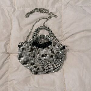 Hand made silver disco rhinestone hand + crossbody bag